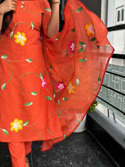 Rust Orange Bagru Hand-Printed Mul Cotton 3-Piece Set