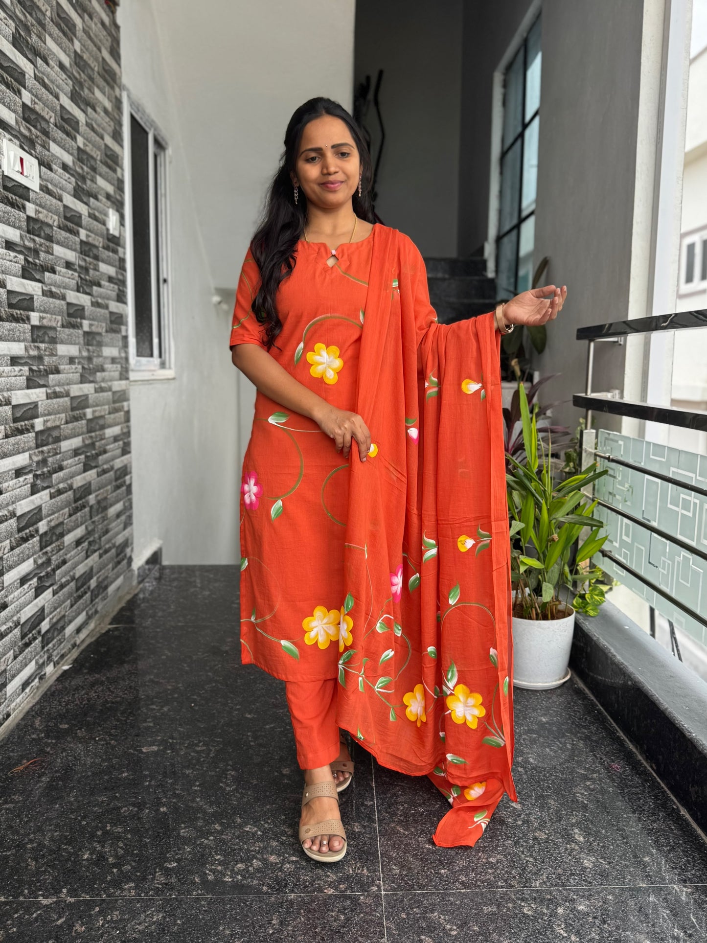 Rust Orange Bagru Hand-Printed Mul Cotton 3-Piece Set