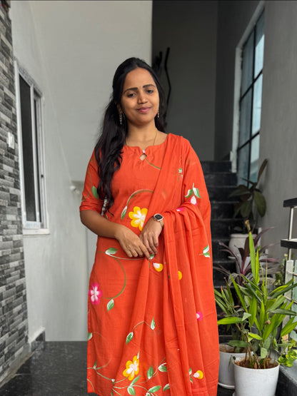 Rust Orange Bagru Hand-Printed Mul Cotton 3-Piece Set