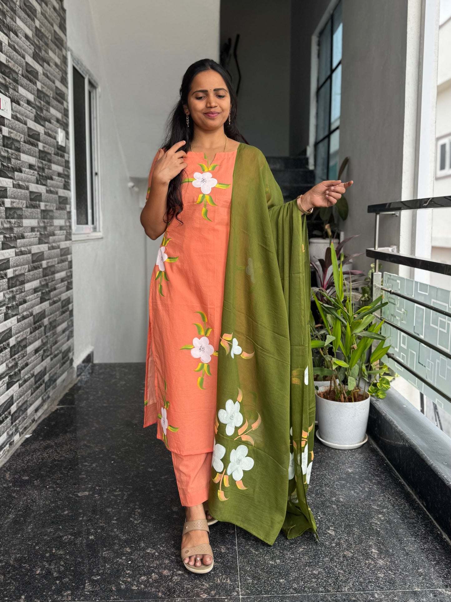 Peach Olive Bagru Hand-Printed Mul Cotton 3-Piece Set
