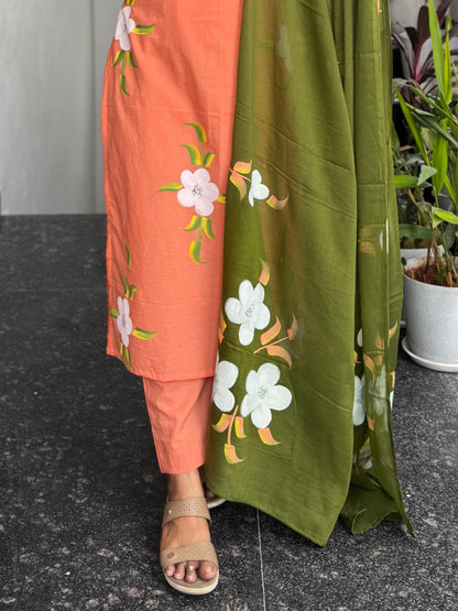 Peach Olive Bagru Hand-Printed Mul Cotton 3-Piece Set