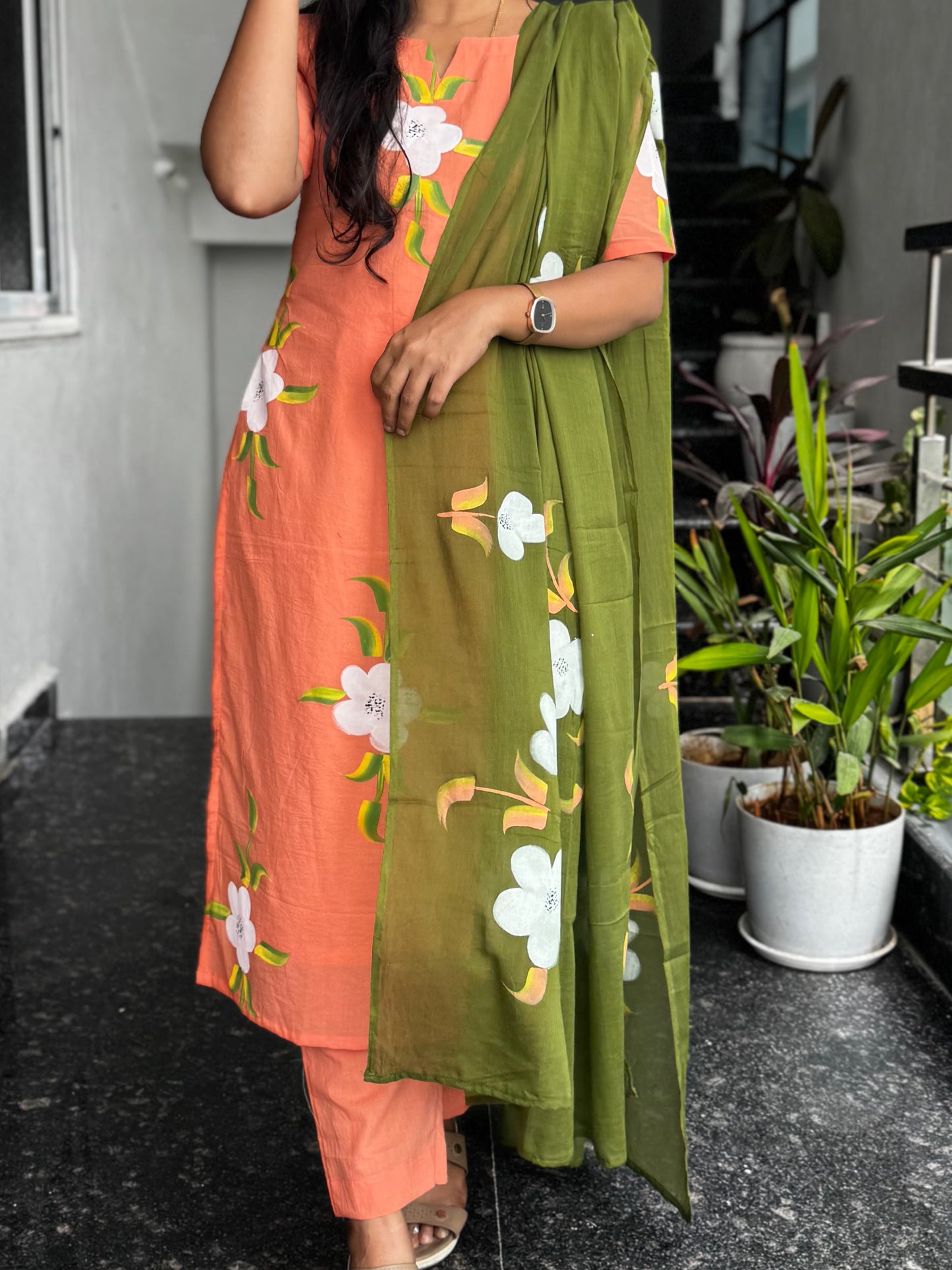 Peach Olive Bagru Hand-Printed Mul Cotton 3-Piece Set