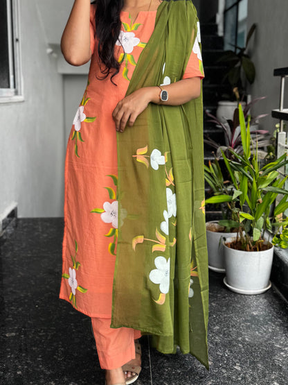 Peach Olive Bagru Hand-Printed Mul Cotton 3-Piece Set