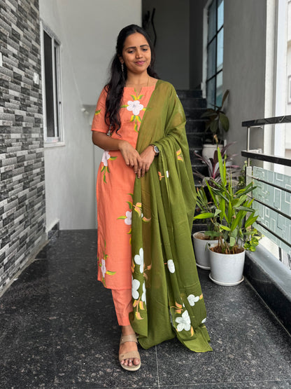 Peach Olive Bagru Hand-Printed Mul Cotton 3-Piece Set