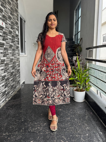 Red & Black Kalamkari Screen Print Straight Cut Kurta