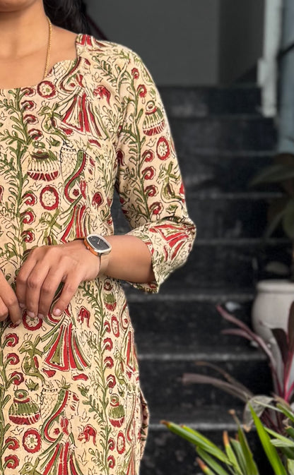Cream Kalamkari Block Print Straight Cut Kurta