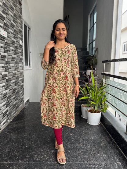 Cream Kalamkari Block Print Straight Cut Kurta