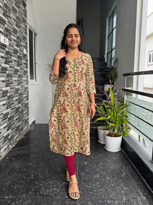 Cream Kalamkari Block Print Straight Cut Kurta
