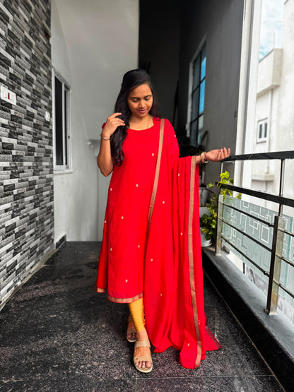 Red Narayanpet 2-Piece Kurti Set