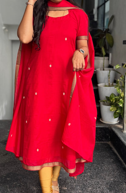 Red Narayanpet 2-Piece Kurti Set