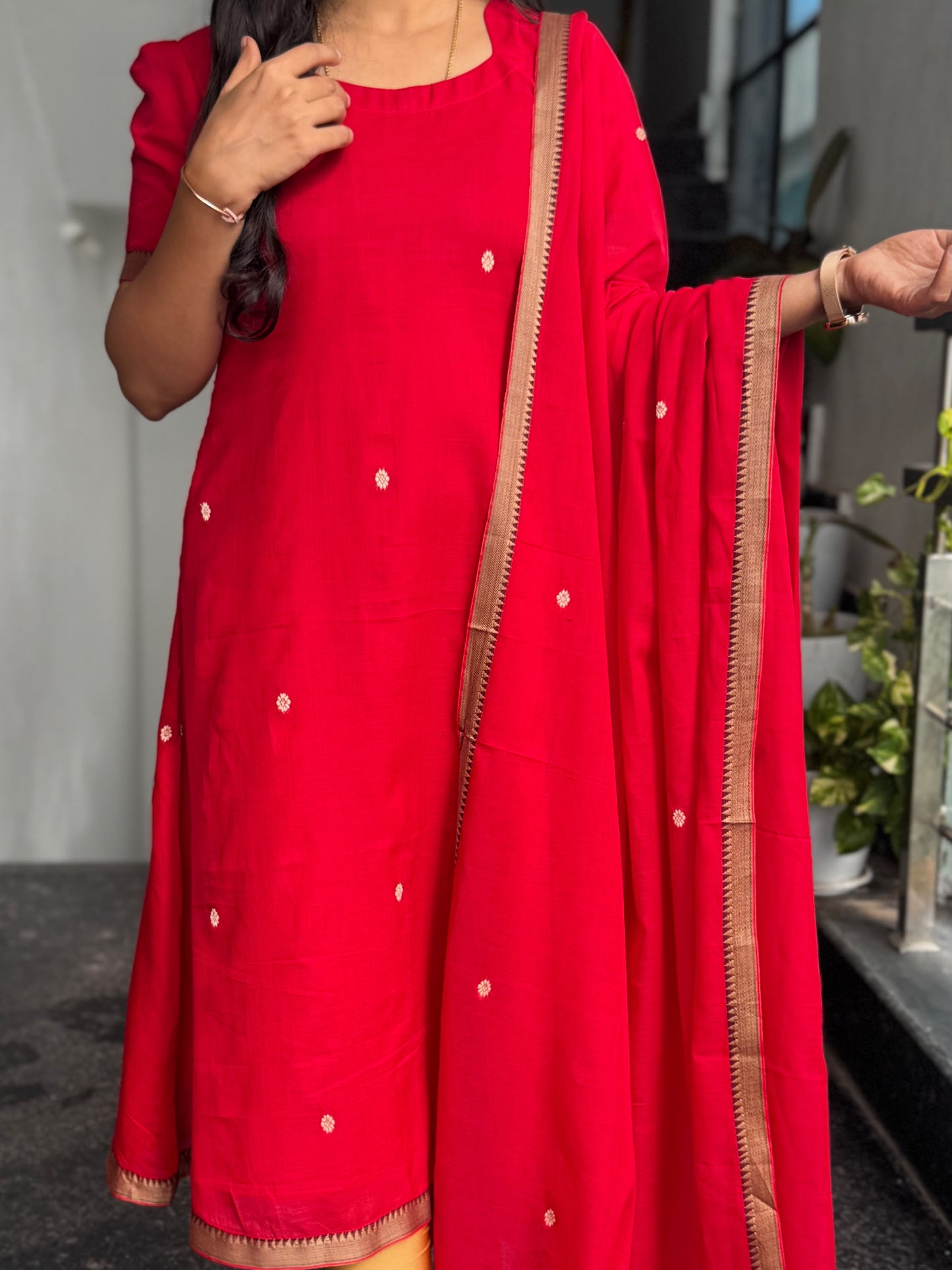 Red Narayanpet 2-Piece Kurti Set