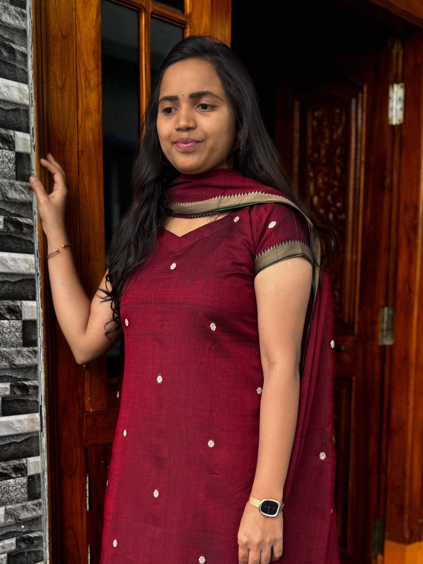 Maroon Narayanpet 2-Piece Kurti Set