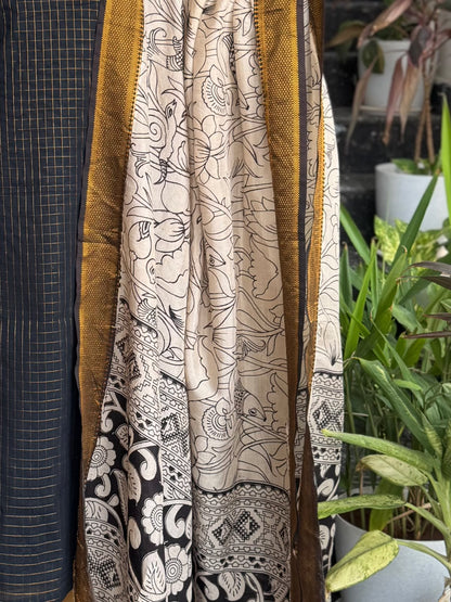Black Sungudi Cotton Kurti with Nellore Silk Kalamkari Dupatta (2-Piece Kurti set)