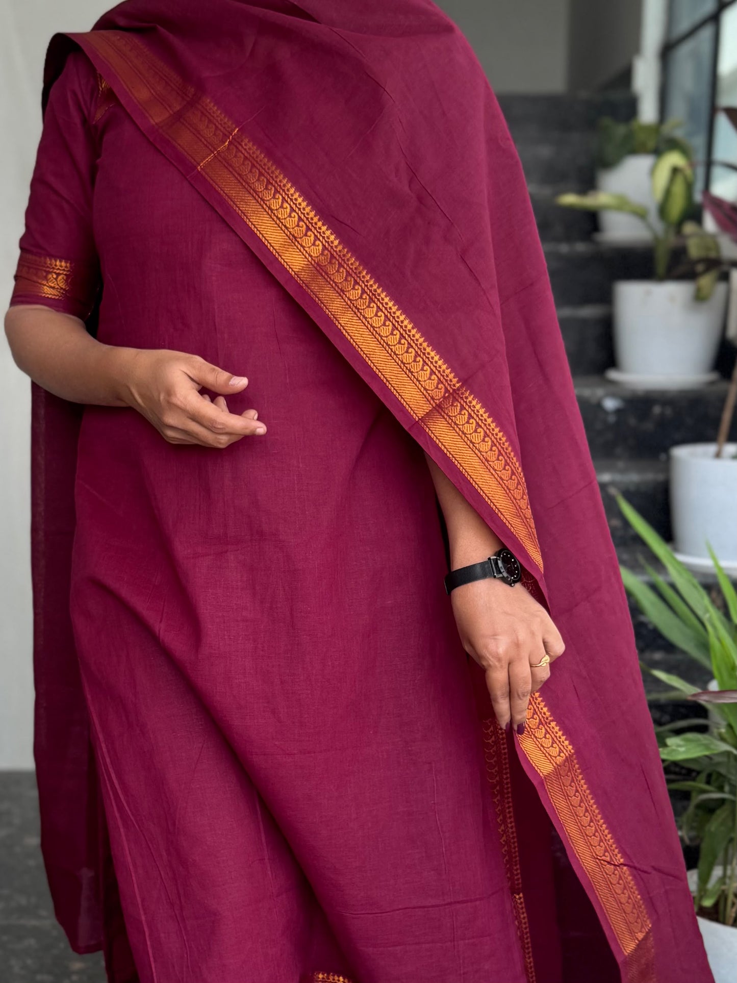 Maroon Sungudi Cotton 2-Piece Kurti Set