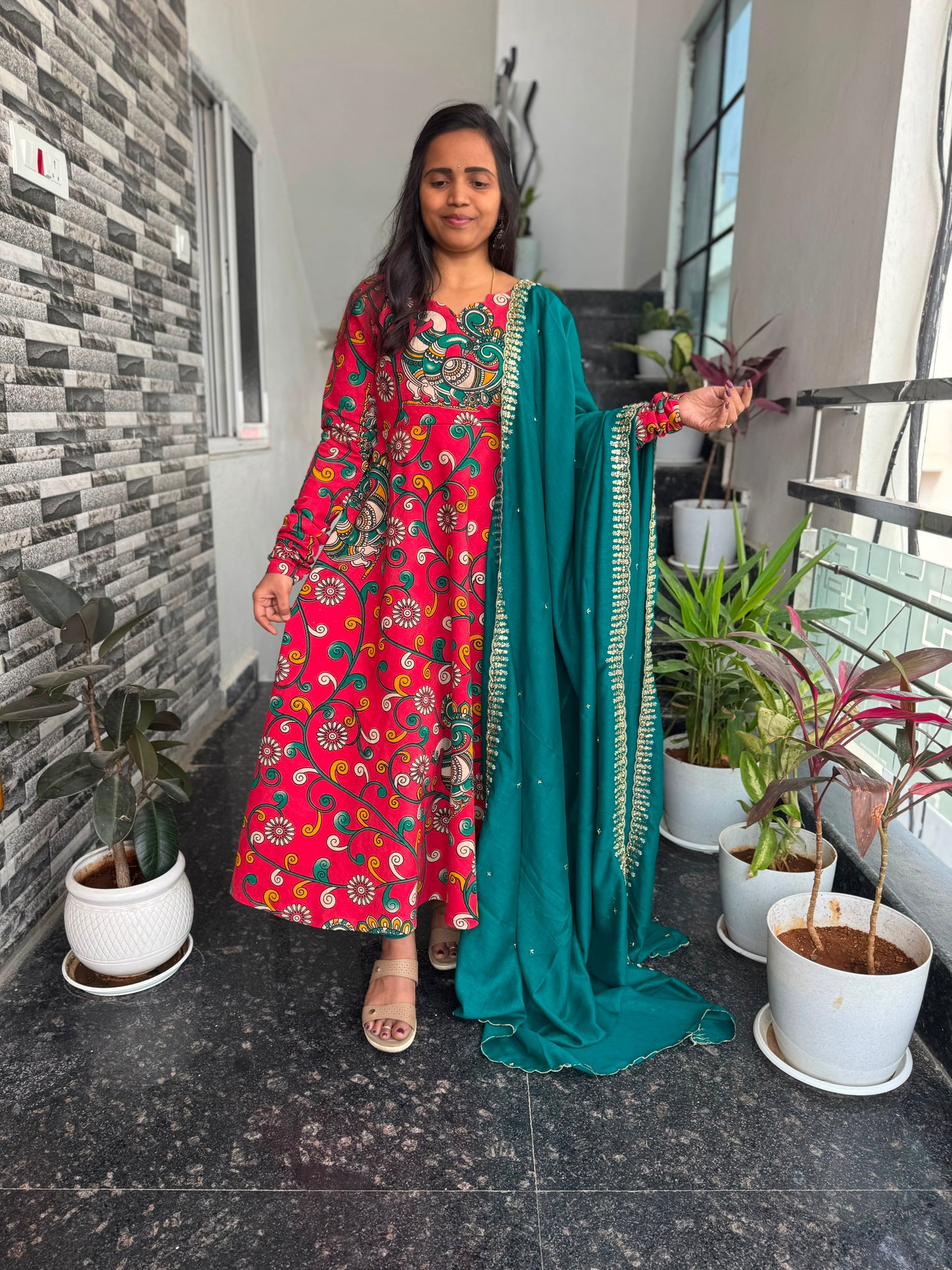 Kalamkari Anarkali 2-Piece Set With Cut Work Dupatta