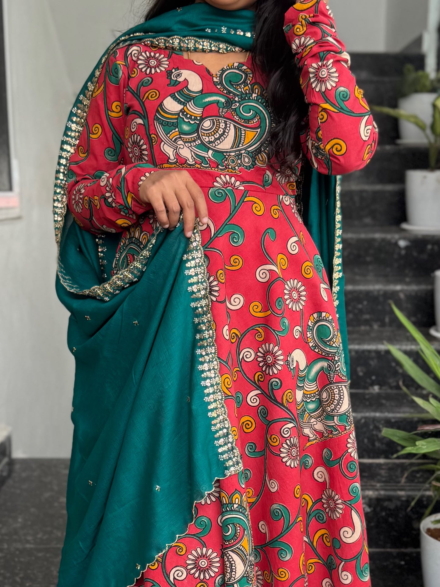Kalamkari Anarkali 2-Piece Set With Cut Work Dupatta
