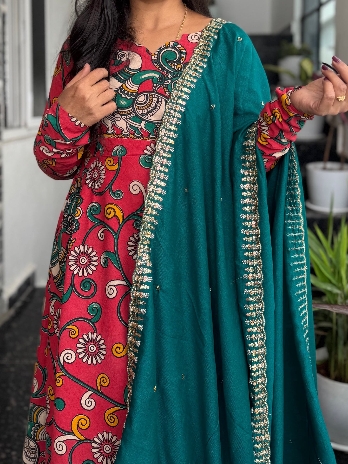 Kalamkari Anarkali 2-Piece Set With Cut Work Dupatta