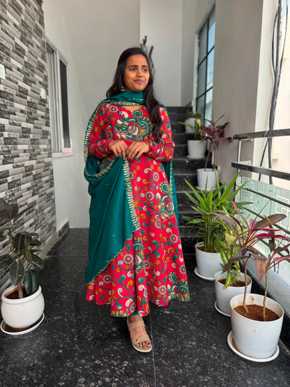 Kalamkari Anarkali 2-Piece Set With Cut Work Dupatta