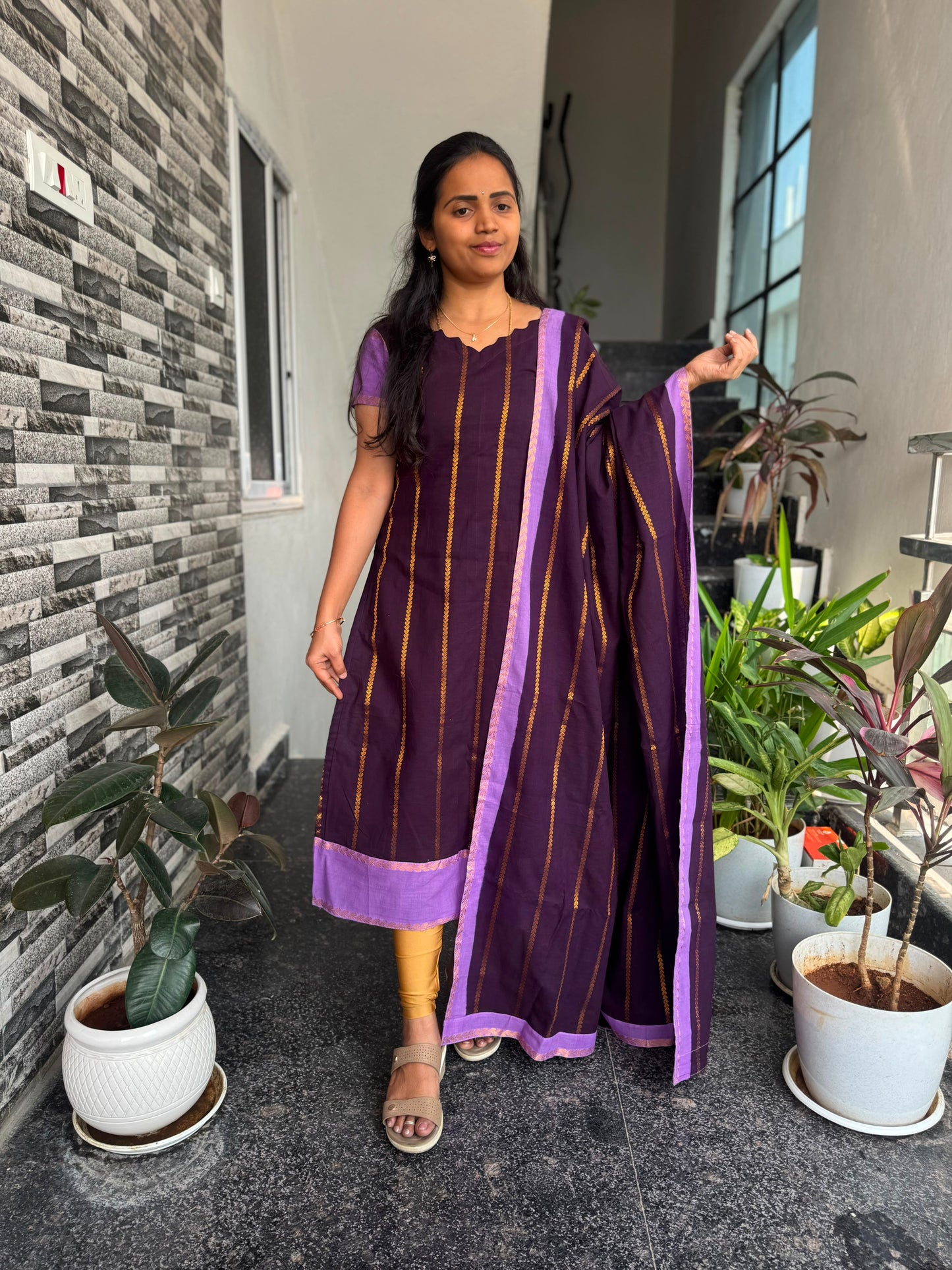 Purple Sungudi Cotton 2-Piece Kurti Set