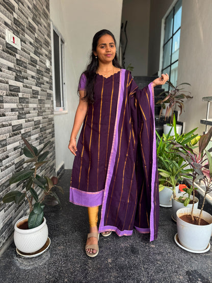 Purple Sungudi Cotton 2-Piece Kurti Set