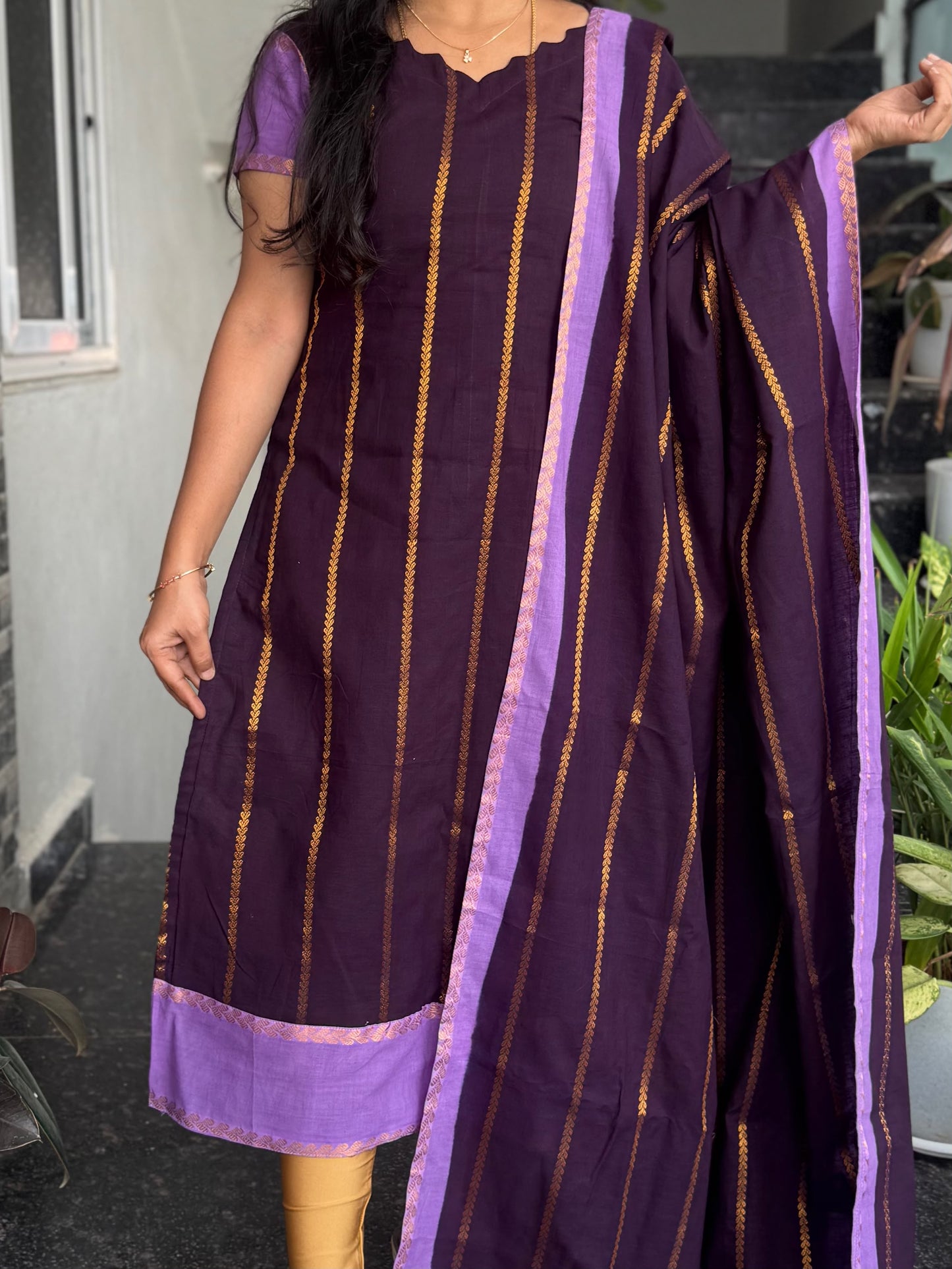 Purple Sungudi Cotton 2-Piece Kurti Set