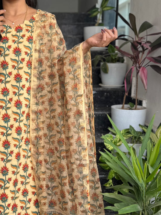 Cream Bagru Cotton Kurti Set with Kota Dupatta 2-Piece set