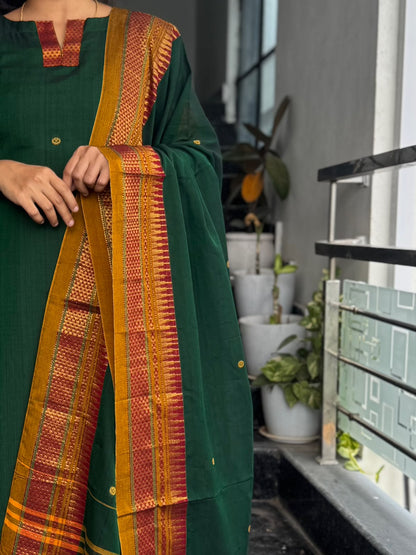 Green Narayanpet 2-Piece Kurti Set With Zari Border