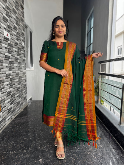 Green Narayanpet 2-Piece Kurti Set With Zari Border