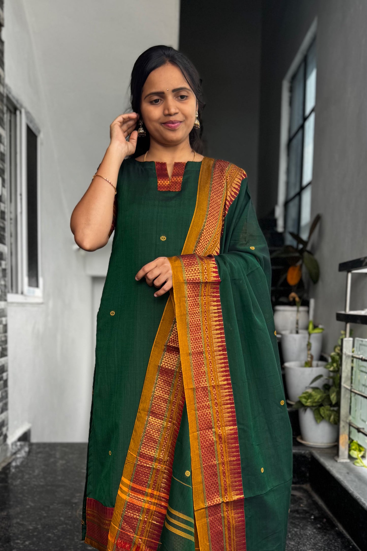 Green Narayanpet 2-Piece Kurti Set With Zari Border