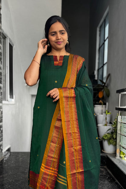 Green Narayanpet 2-Piece Kurti Set With Zari Border
