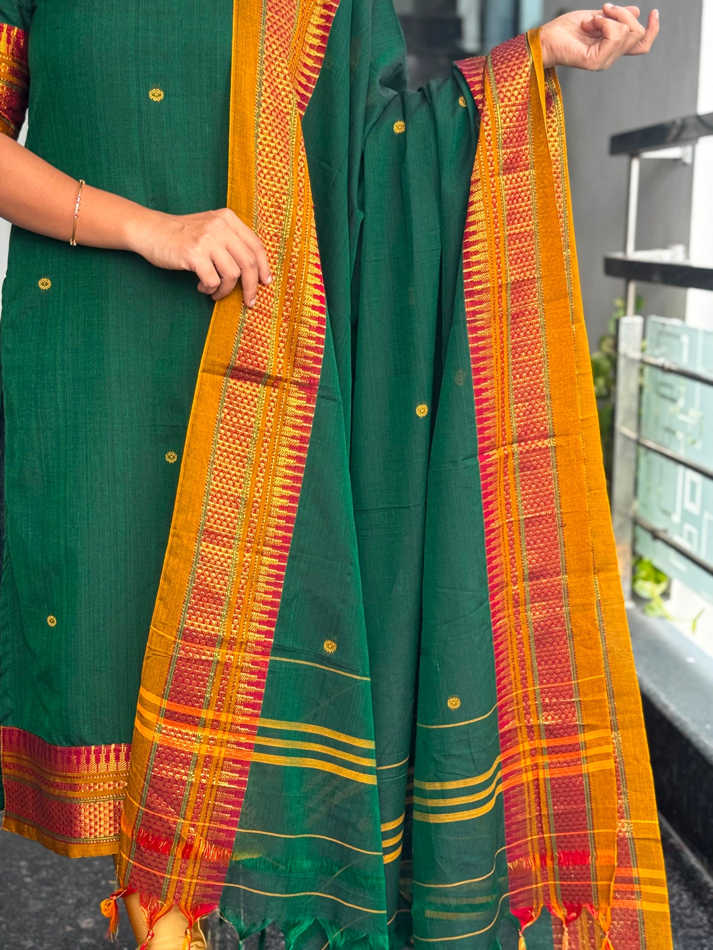 Green Narayanpet 2-Piece Kurti Set With Zari Border