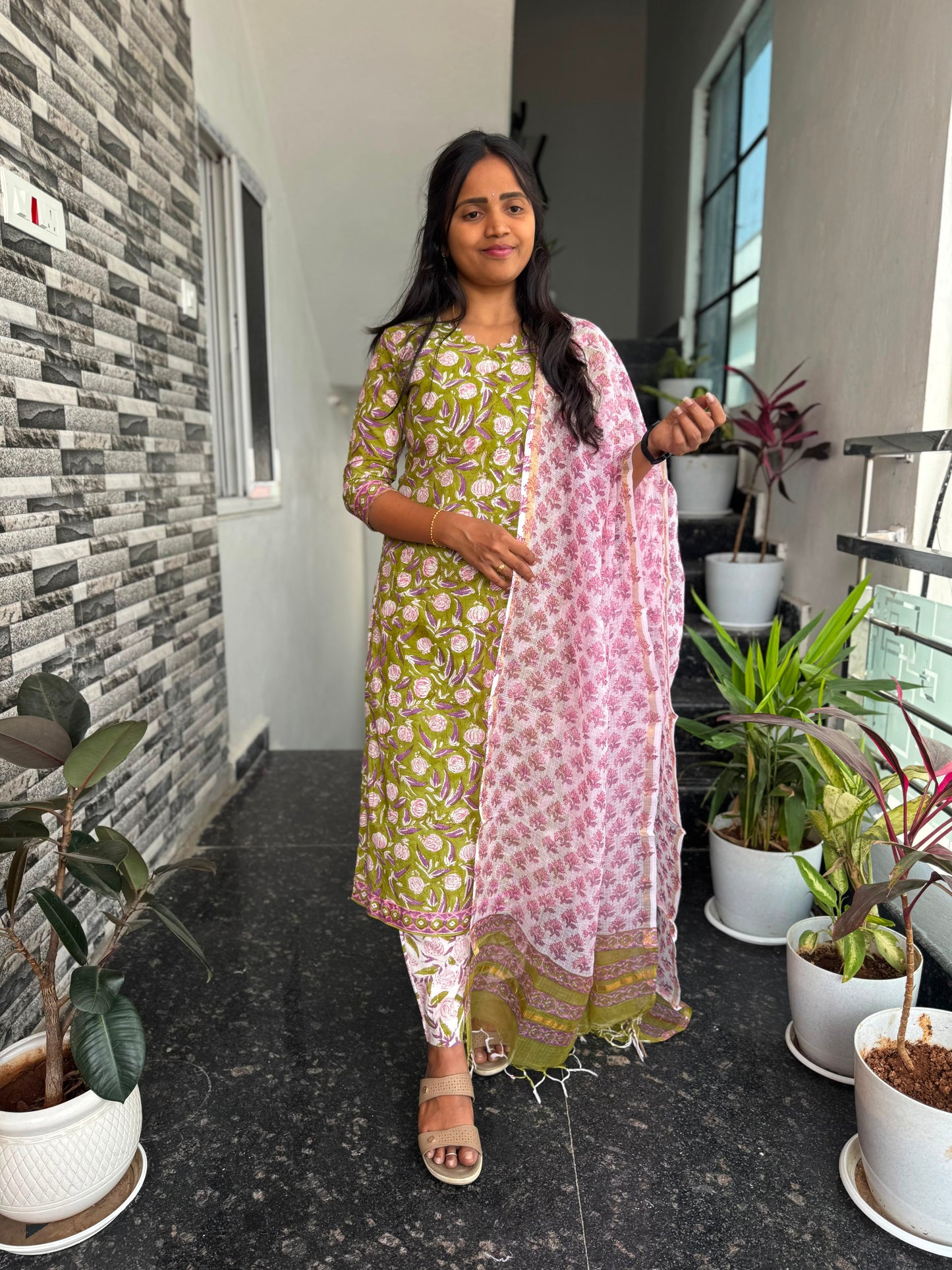 Olive Green Bagru Mul Cotton 3-Piece Set