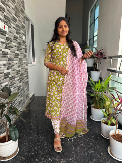 Olive Green Bagru Mul Cotton 3-Piece Set