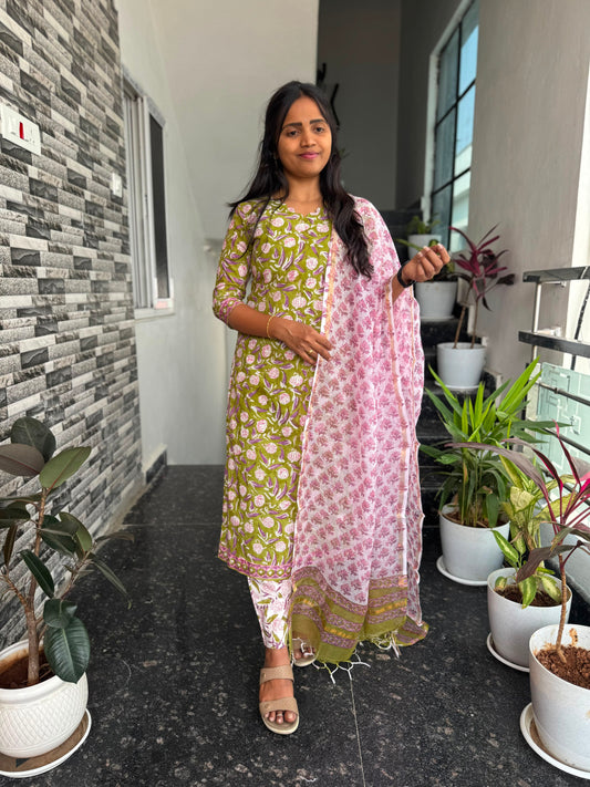 Olive Green Bagru Mul Cotton 3-Piece Set