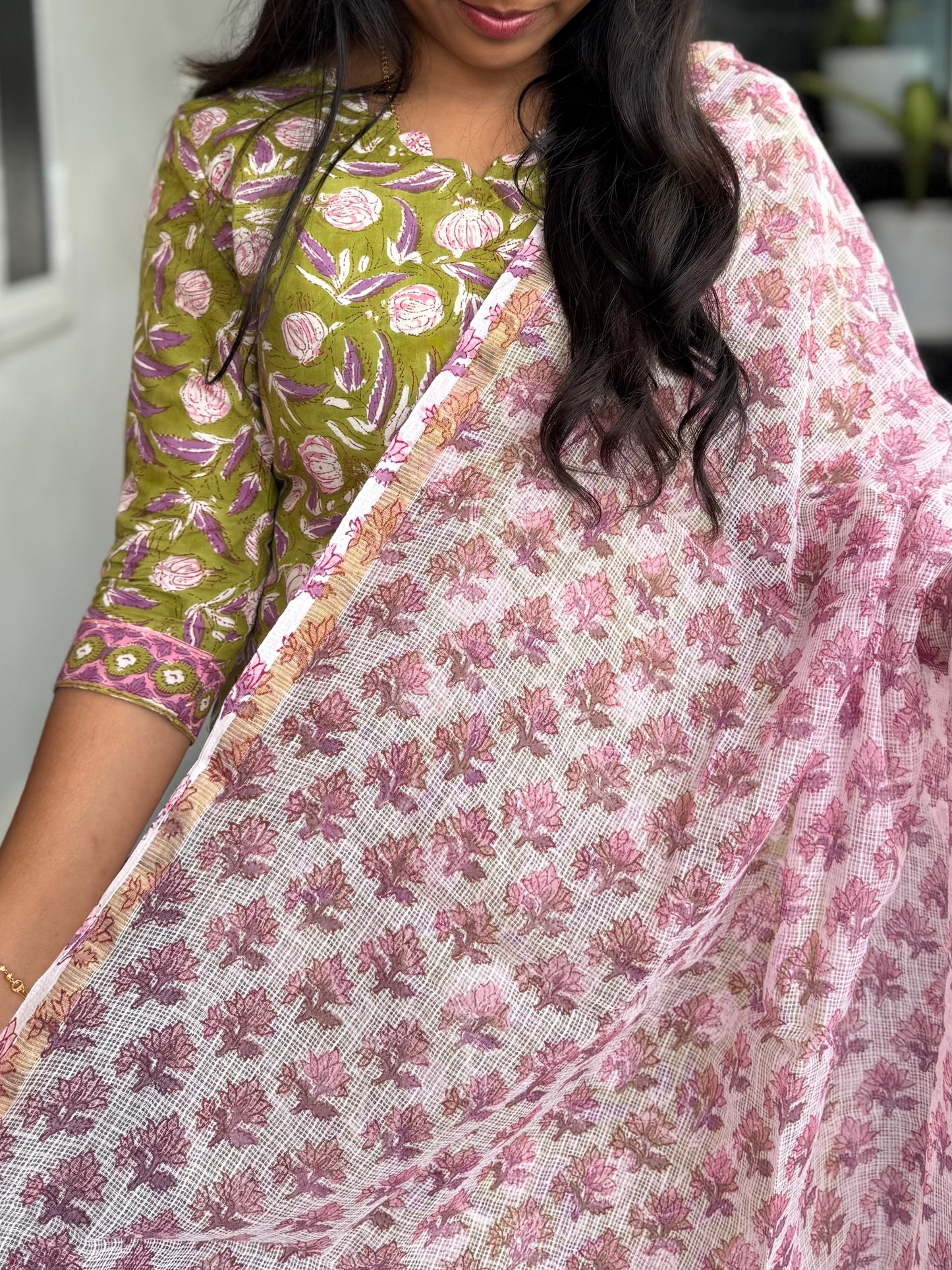 Olive Green Bagru Mul Cotton 3-Piece Set