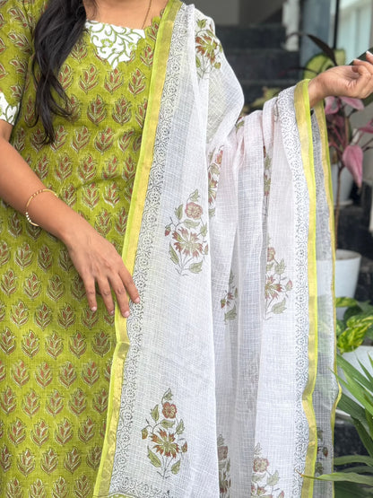 Parrot Green Kota Cotton 3-Piece Set