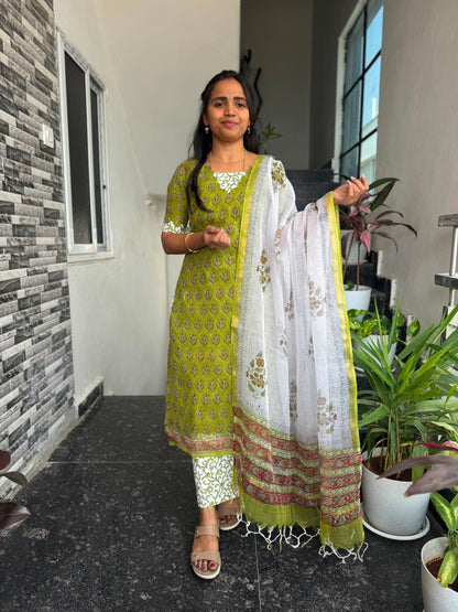 Parrot Green Kota Cotton 3-Piece Set