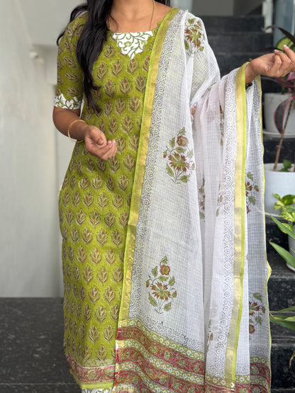 Parrot Green Kota Cotton 3-Piece Set