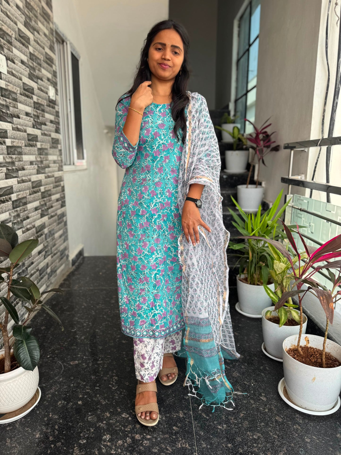 Turquoise Blue Bagru Mul Cotton 3-Piece Set