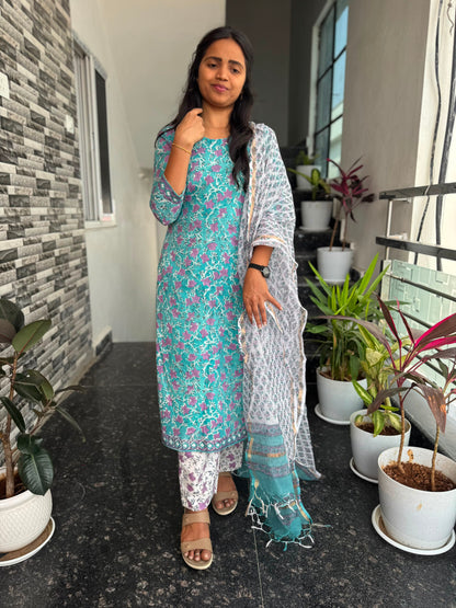 Turquoise Blue Bagru Mul Cotton 3-Piece Set