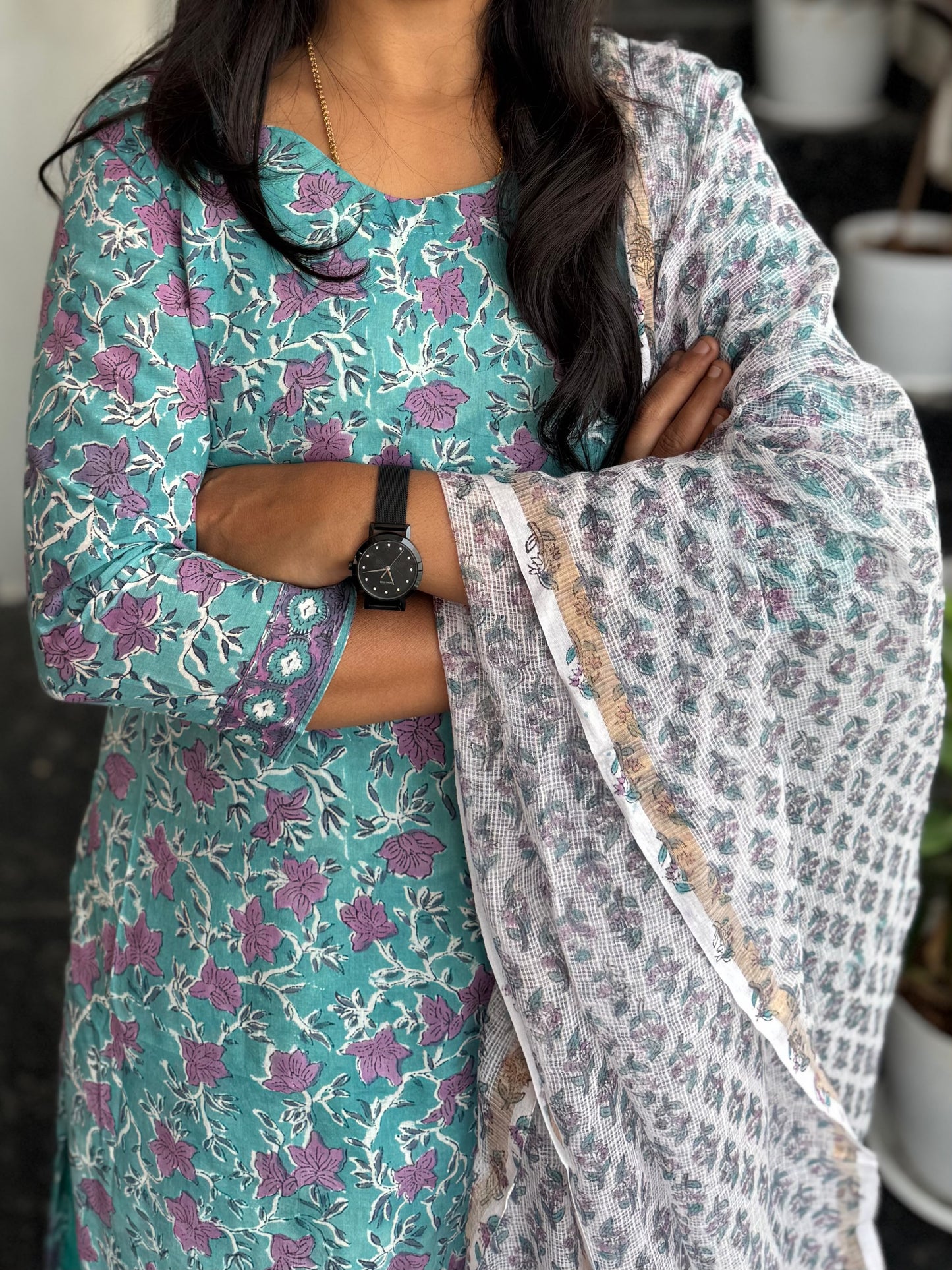 Turquoise Blue Bagru Mul Cotton 3-Piece Set