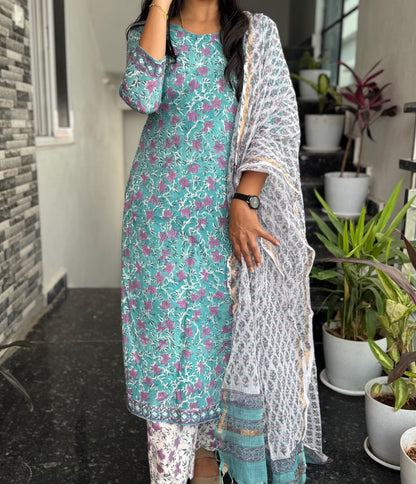 Turquoise Blue Bagru Mul Cotton 3-Piece Set
