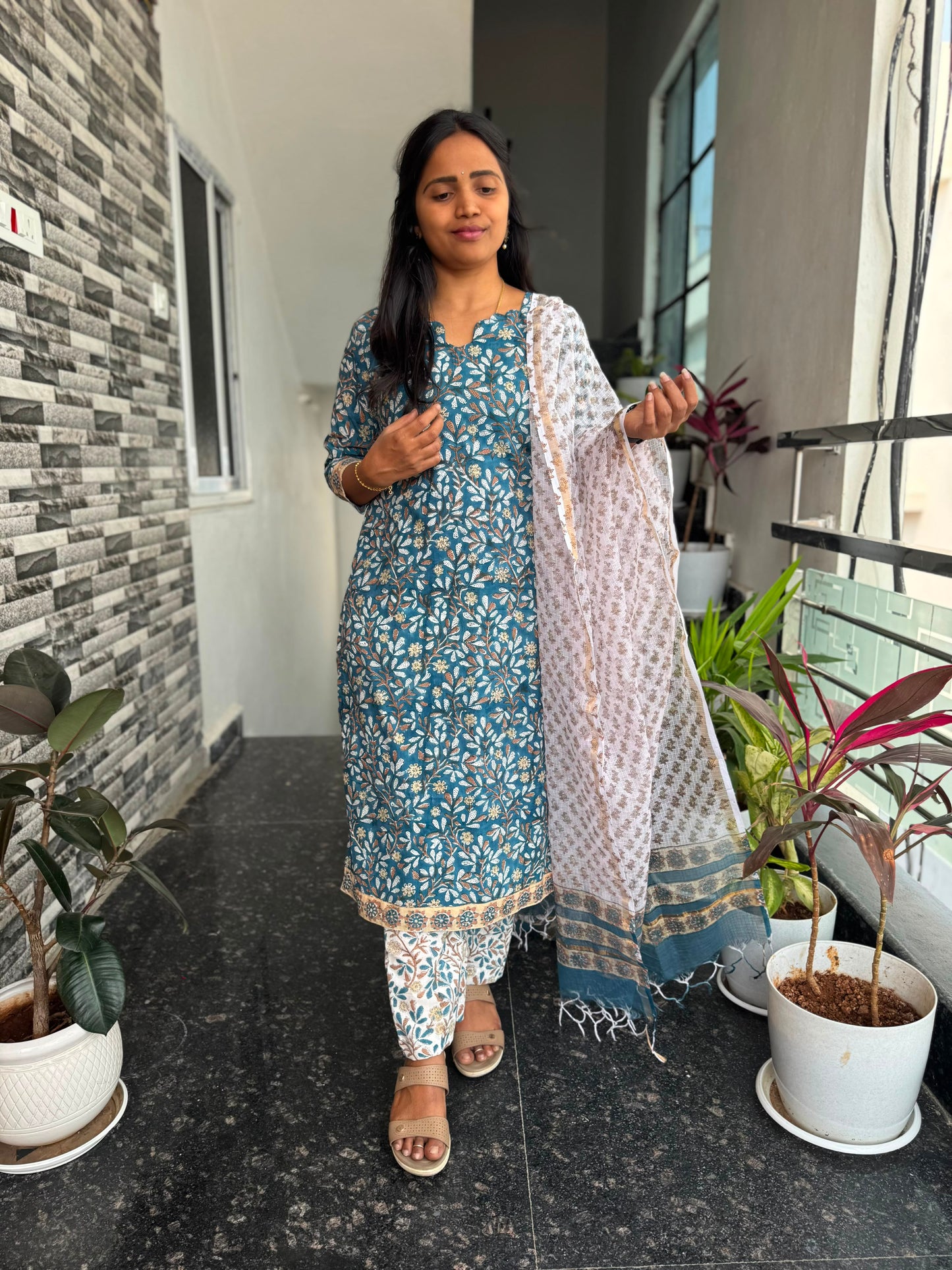 Teal Blue Bagru Mul Cotton 3-Piece Set