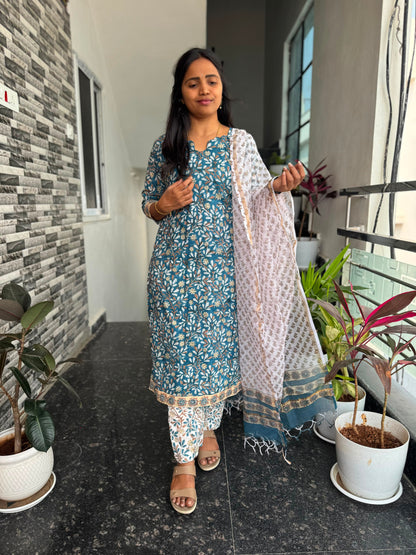 Teal Blue Bagru Mul Cotton 3-Piece Set