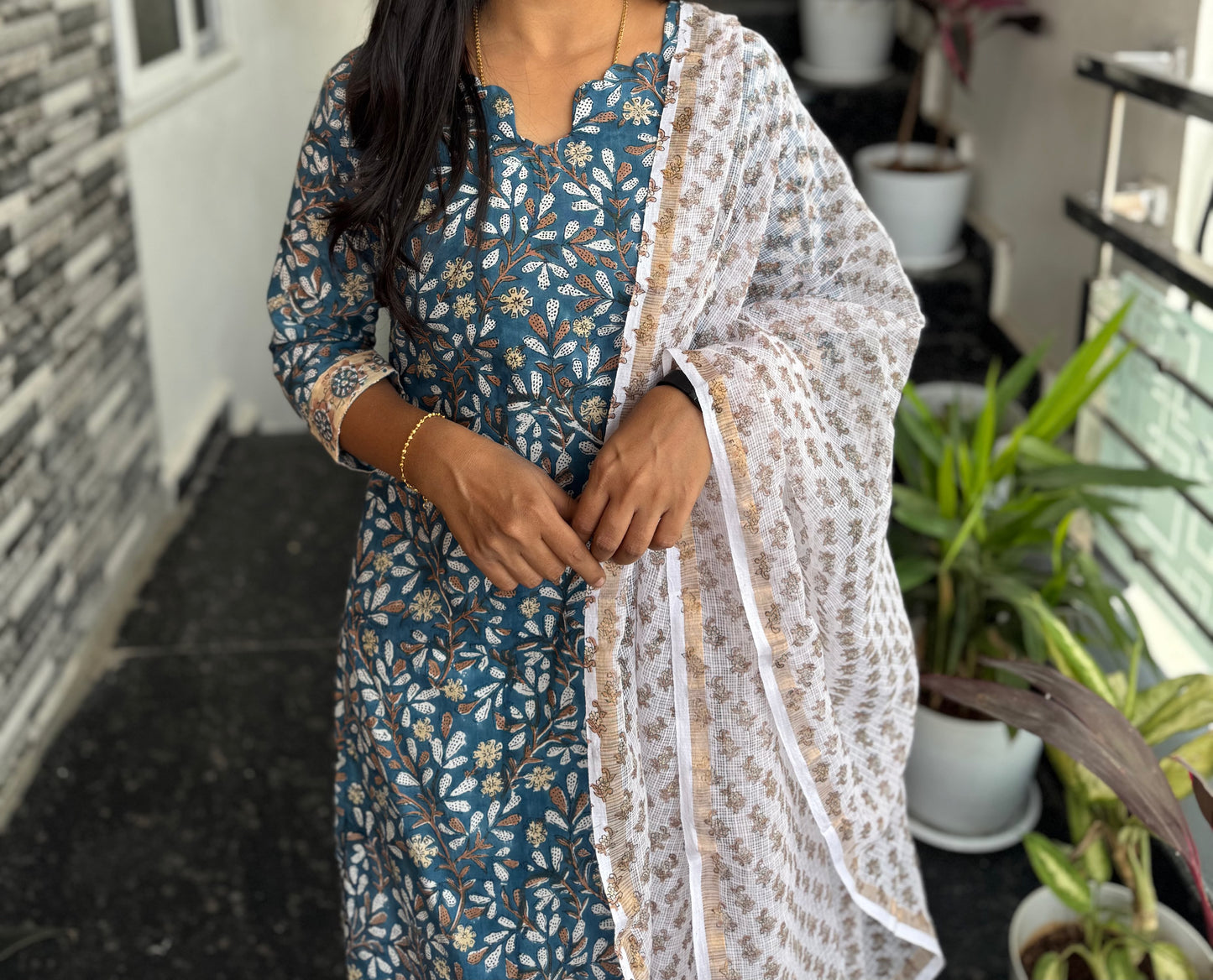 Teal Blue Bagru Mul Cotton 3-Piece Set