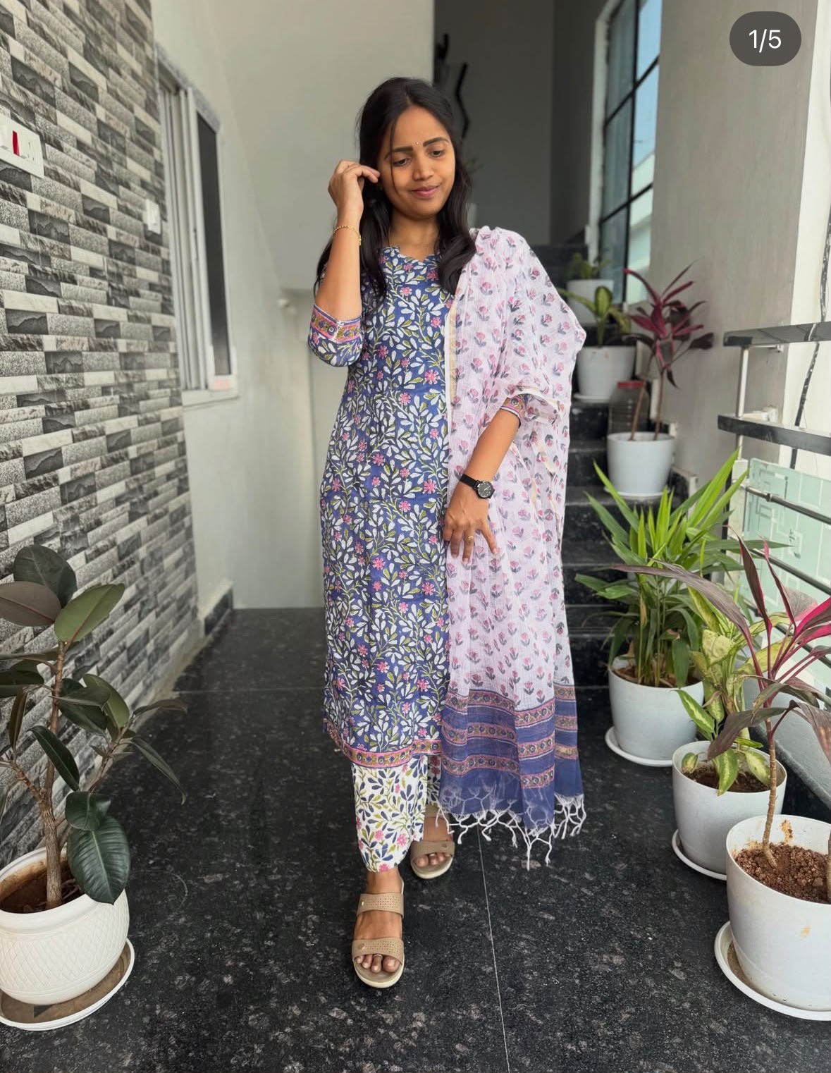 Navy Blue & Pink Bagru Mul Cotton 3-Piece Set