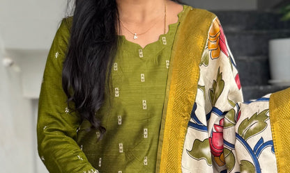 Olive Green Raw Silk Kurti Set with Nellore Silk Kalamkari Dupatta – 2-Piece Set