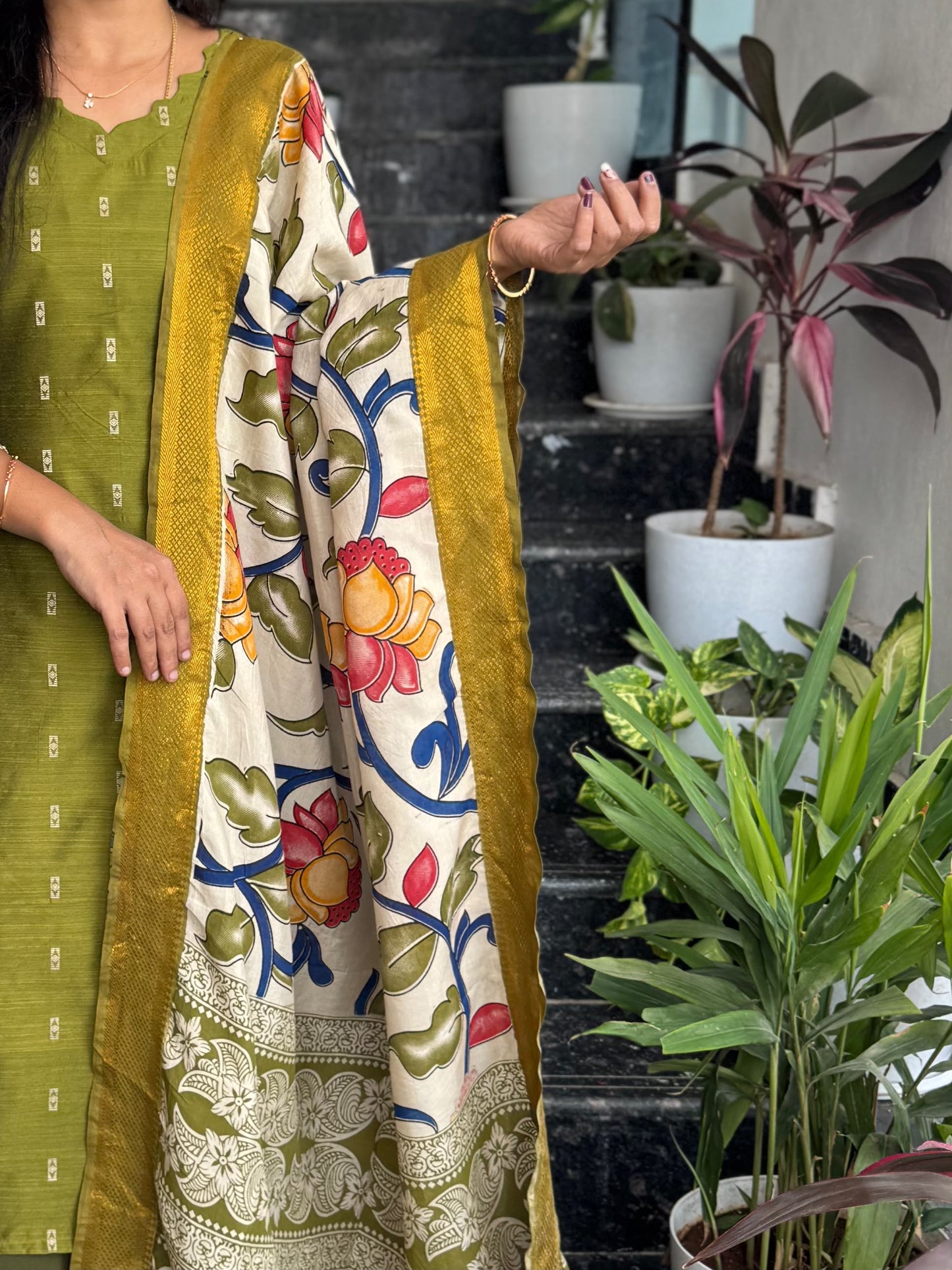 Olive Green Raw Silk Kurti Set with Nellore Silk Kalamkari Dupatta – 2-Piece Set