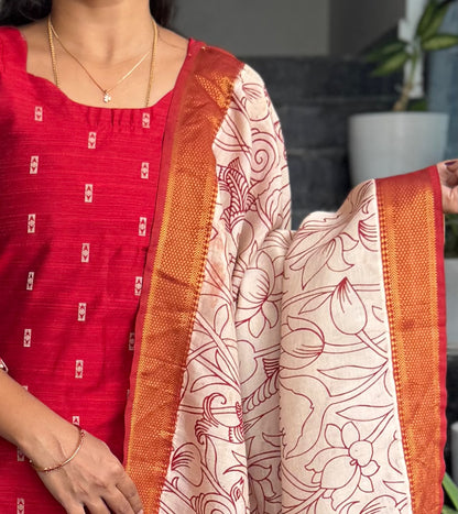 Red Raw Silk Kurti Set with Nellore Silk Kalamkari Dupatta – 2-Piece Set