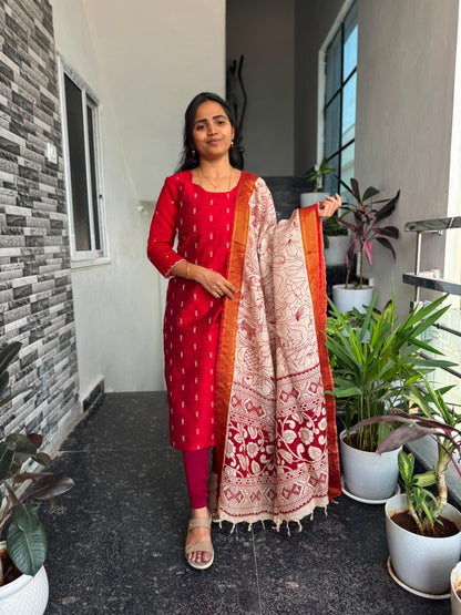 Red Raw Silk Kurti Set with Nellore Silk Kalamkari Dupatta – 2-Piece Set